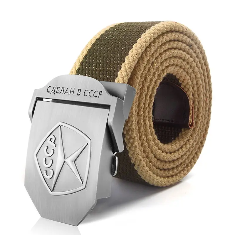 Green beige side BOKADIAO мужской и женский холщовый ремень винтажный 3D CCCP советская вывеска металлический пояс с пряжкой для джинсов армейские военные тактические ремни Мужской ремень черный - Цвет: Green beige side