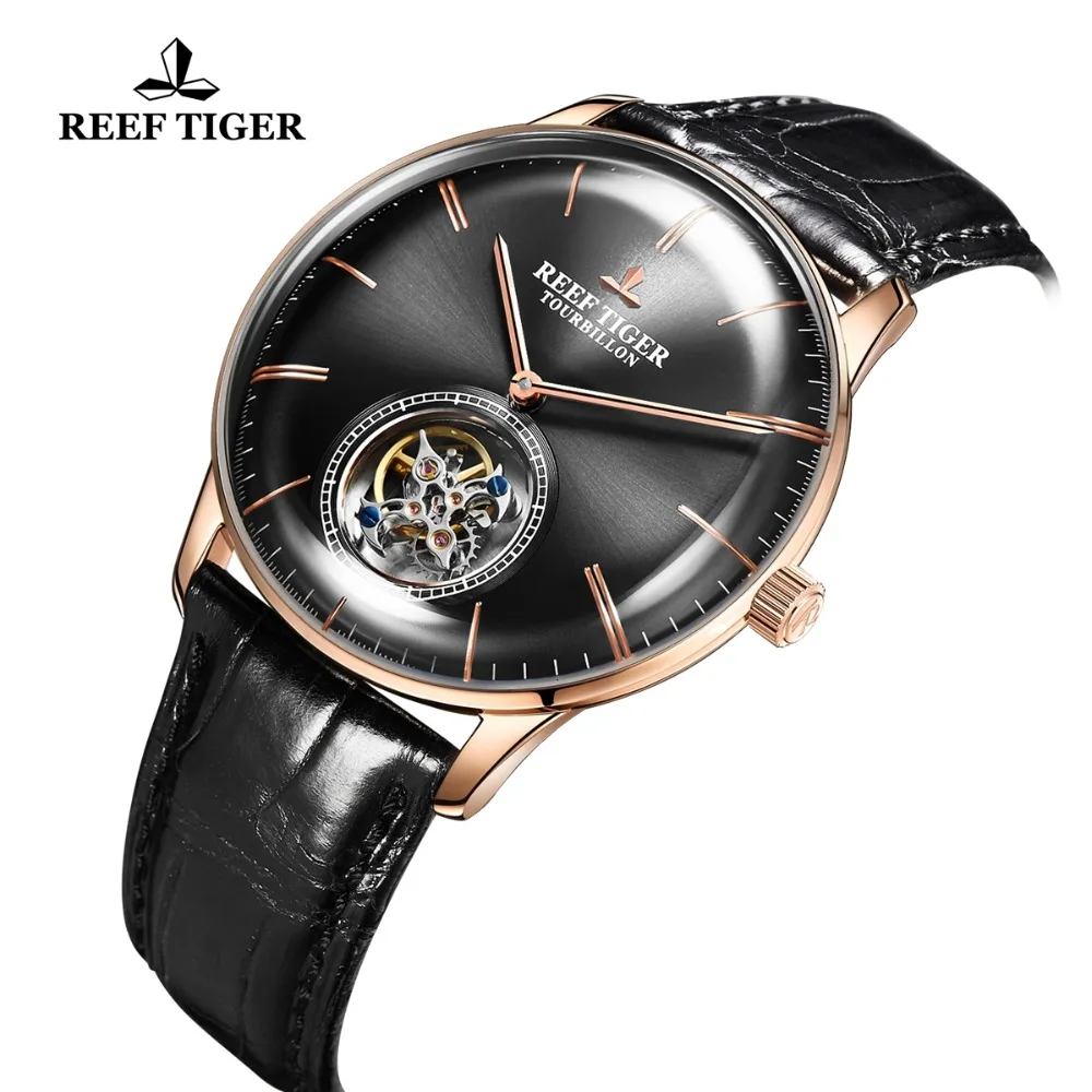 Reef Tiger/RT брендовые роскошные механические часы с турбийоном Мужские часы с коричневым кожаным ремешком из розового золота водонепроницаемые часы Montre Homme RGA1930