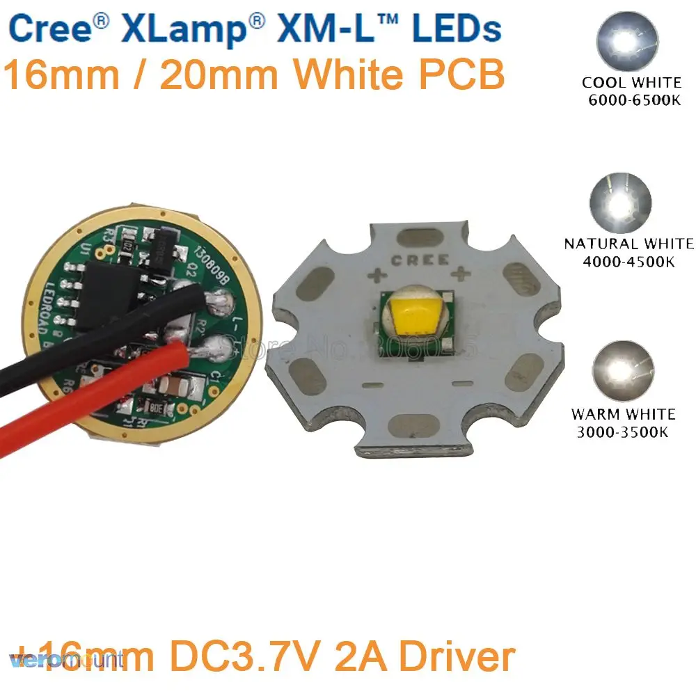 Светодиодный излучатель CREE XML XM-L T6, холодный белый 6500K, нейтральный белый 4500K, теплый белый 3000K, 16 мм/20 мм, белая печатная плата + Драйвер dc3.7в 2A 16 мм