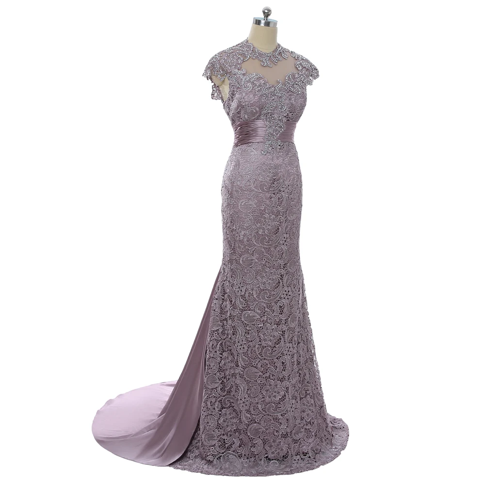 Женское длинное вечернее платье фиолетовое с высоким воротником рукавами