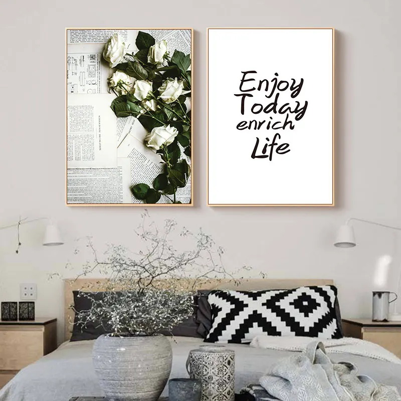 Плакат в скандинавском стиле и с принтом белыми розовыми розами Wall Art цитаты для