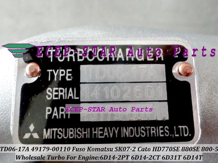 TD06 17A Турбокомпрессор 49179 00110 для Mitsubishi Fuso TRUCK SK07 2 Kato HD770SE 880SE CATO 800 5 экскаватор 6D31T