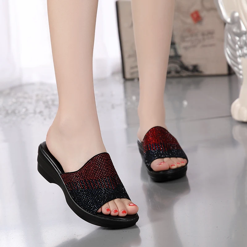 

GKTINOO Slippers Woman Rhinestone Genuine Leather Summer Shoes Fashion Wedges Heels Sandals Women's Slides Large Size 41