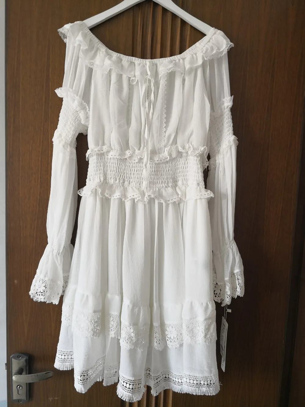 Женское Платье До Колена Boho Белое Кружевное с открытыми плечами в стиле пэчворк