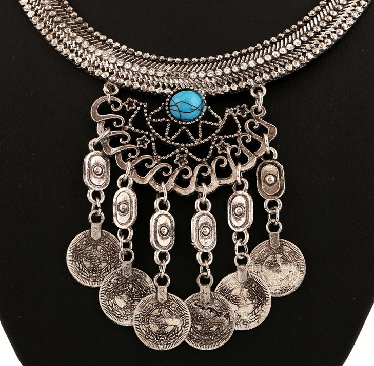 

Ethnic Crescent Rhinestone Hollow Flower Coin Fringe Choker Necklace Earring Set Gypsy Turkish India Jewelry Set