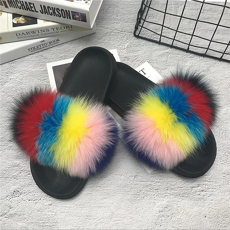 Шлепанцы из натурального меха лисы/енота сланцы красивые летние меховые