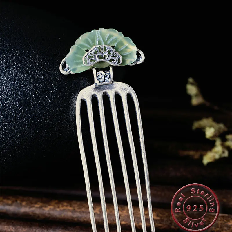 

Amxiu Classic Antique Silver Hair Combs Handmade Natural Stone Hairpins S925 Vintage Hair Jewelry For Women Bijoux Souvenirs