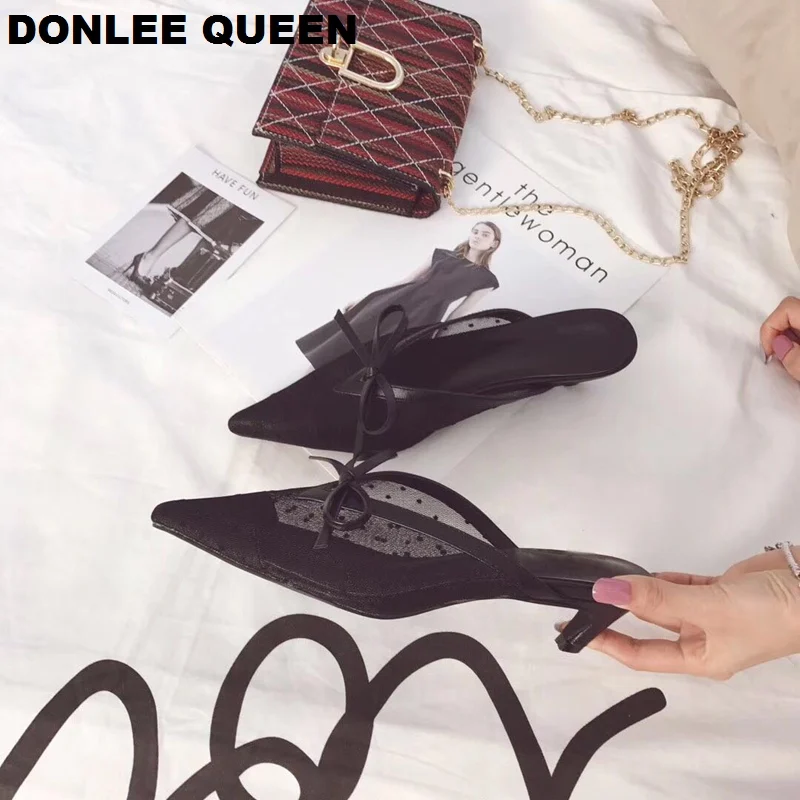 Женские туфли без задника DONLEE QUEEN модельные шлепанцы в горошек на каблуке рюмочка