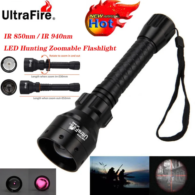 Ultrafire IR night vision Flashlight 10W 850nm 940nm LED Zoomable Luz infrared radiation tactical Flashlight hunting torch 18650 10w ir 940nm infrared night vision hunting flashlight led outdoor tactical weapon torch 18650 charger 3 rifle scope mount switch