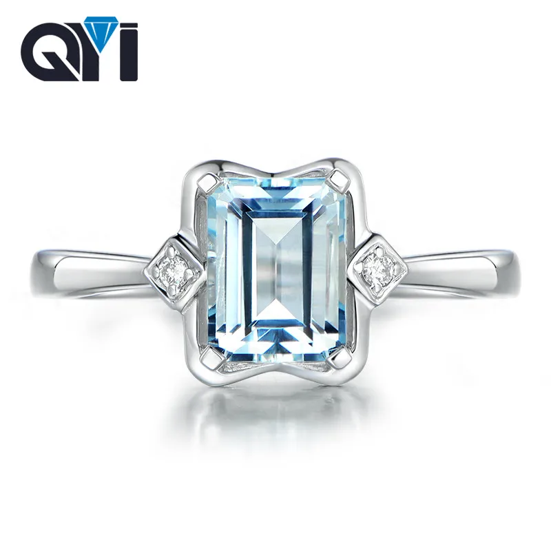 

QYI Emerald Cut Topaz Three Stone Engagement Ring 1ct Natural Sky Blue Topaz Gemstone Jewelry For Women 925 Sterling Silver Ring