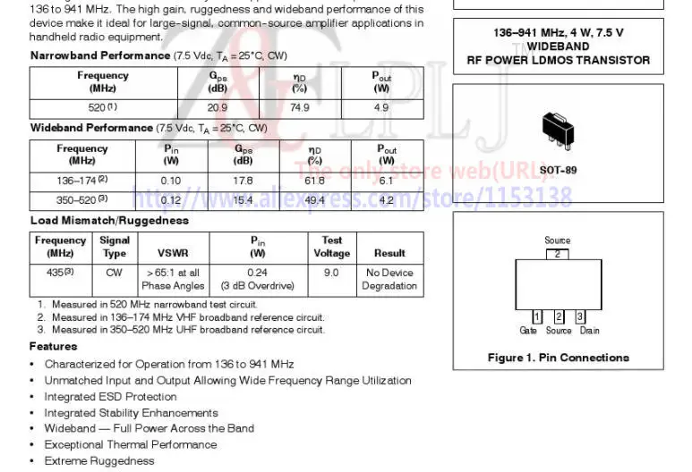 AFT504 AFT 504 136-941 Mhz 4W 7.5V WIDEBAND RF POWER LDMOS TRANSISTOR NEW ORIGINAL 2pcs/lot | Электронные компоненты и