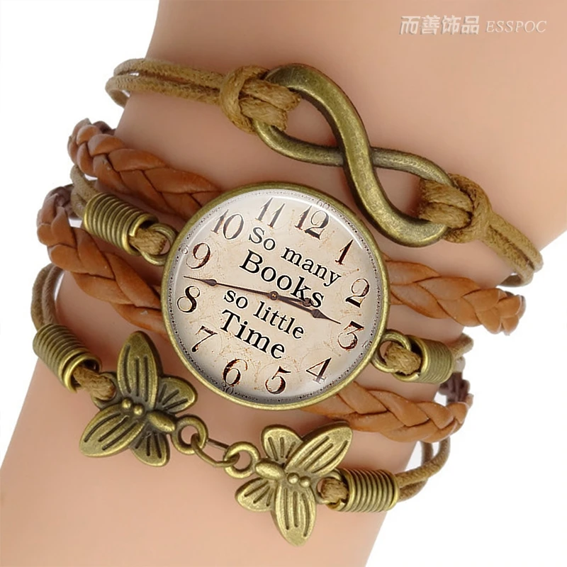 

So Many Books, So Little Time , Quote Book Jewelry Brown Weave Woven Leather Bracelet Glass Cabochon Dome Gift for Book Lover