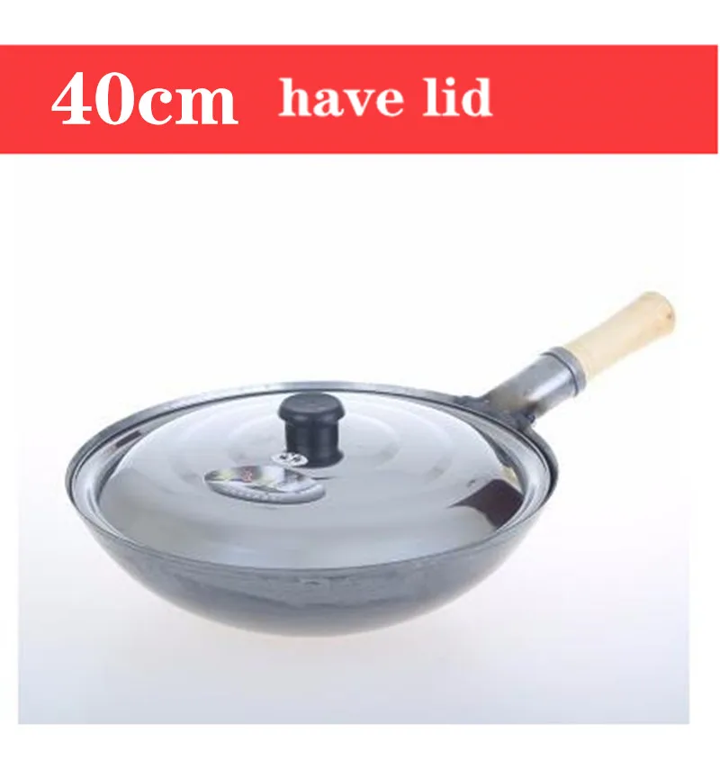 have lid 40cm Китайский стиль, традиционная железная кастрюля ручной работы, утолщенная, не покрытая, с круглым дном, сковорода wok cook, большая кастрюля для приготовления пищи, с деревянной ручкой, крышка/5 - Цвет: have lid 40cm