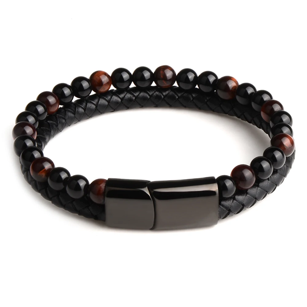 Red Tiger eye style Модные мужские ювелирные изделия, натуральный камень, натуральная кожа, браслет, Черная Нержавеющая Сталь, магнитная застежка, тигровый глаз, браслет из бисера для мужчин - Окраска металла: Red Tiger eye style