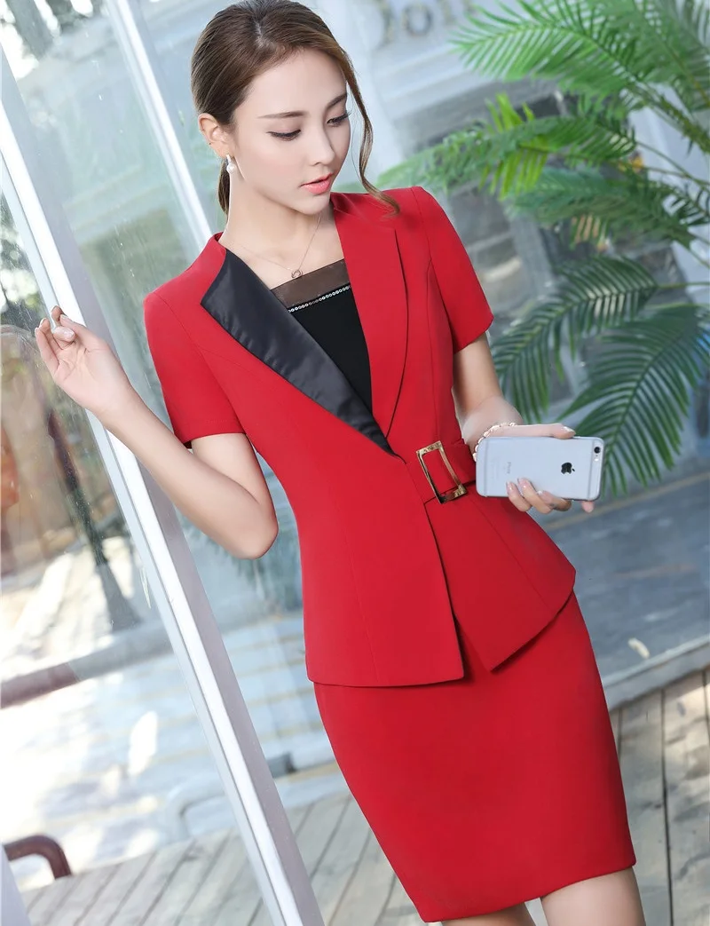 Летние рабочие блейзеры с коротким рукавом костюмы курткой и Женская юбка для