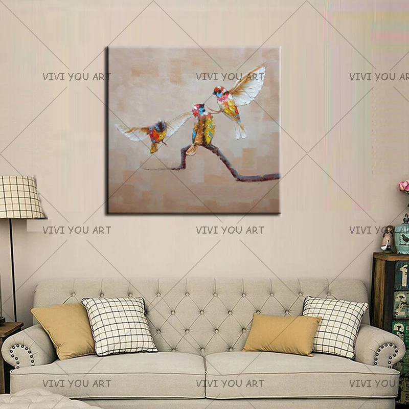 Ручная роспись холст Картина маслом Красочные Птицы Холст Искусство Милая птица