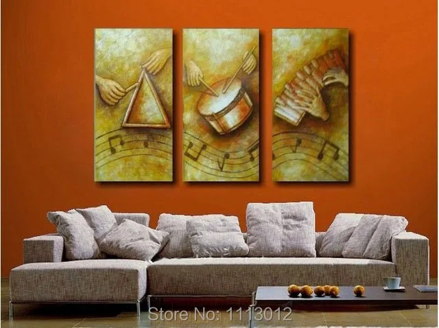 

New Hand Painted Yellow Modern Abstract Oil Painting Canvas Art Large 3 Panel Home Decoration Music Wall Picture For Living Room