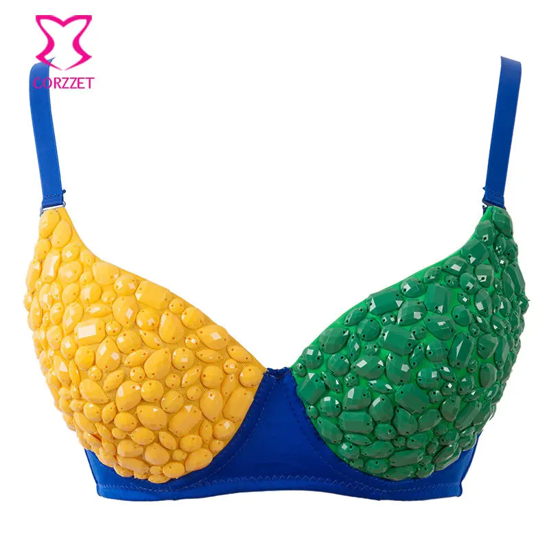 Бразильский бюстгальтер с зеленым/желтым/синим полимерным кристаллом женское