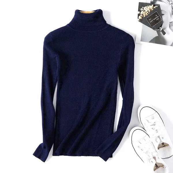 thin dark blue Женский свитер, зима, Осенний корейский свитер с высоким воротом, вязаный толстый пуловер, большие размеры, женские джемперы, женские черные свитера - Цвет: thin dark blue