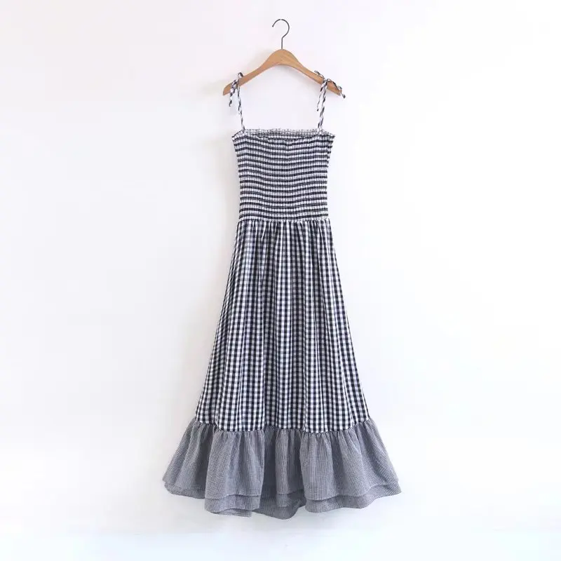 Boho женское платье, серые летние платья в клетку, винтажные, на бретелях, без рукавов, без пояса, элегантные, вечерние, милые, пасторальный стиль, длинное платье
