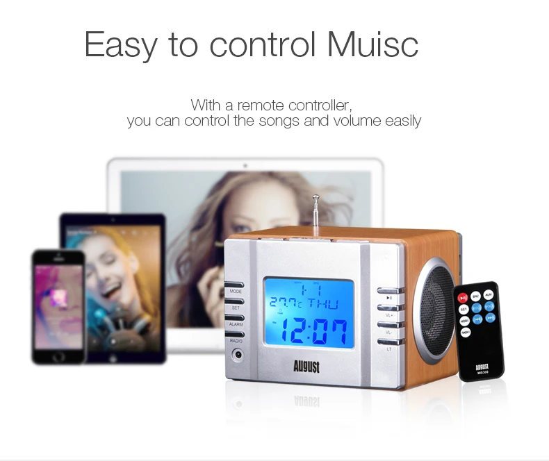 August MB300 деревянная мини стереосистема MP3 и FM радиочасы с SD картридером, разъемами USB и AUX(3.5 мм аудиовход), двумя громкими Hi-Fi динамиками, со встроенным аккумулятором и пультом управления
