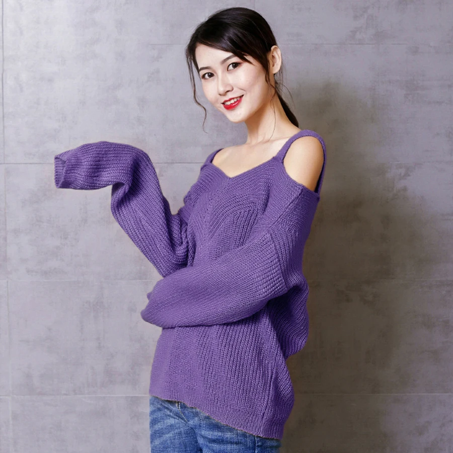 Off The Shoulder Women Knitting Tops Fashion V Neck Solid Skinny Sweaters Ladies Long Sleeve Slim Clothes Outfit 5Zc0294 | Женская