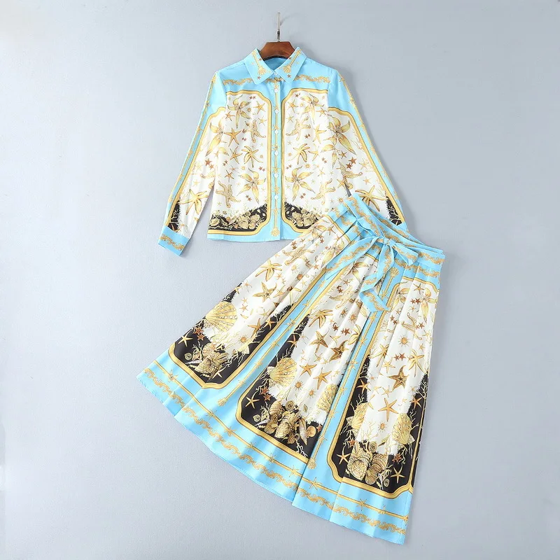 2018 New Spring Vintage Print Women Sets High Quality Fashion Full Sleeve Turn-down Collar Shirts +Pleated Skirts Retro Suits | Женская