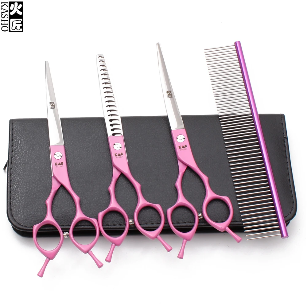 4Pcs Suit 6.5&quot JP 440C Kasho Comb+Straight+Thinning Shears+Up Curved Shears Professional Grooming Scissors Pet Set H3009 | Красота и