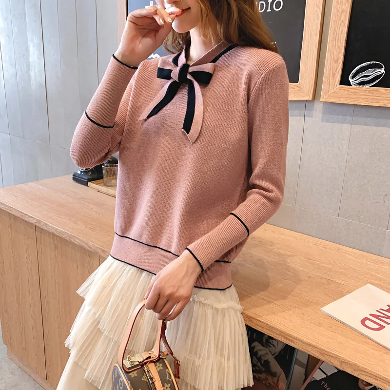 Bow Women Autumn Fashion Cute Knitted Sweater Pullover High Quality Pull Femme 2019 New Winter Long Sleeve Casual Slim Tops | Женская