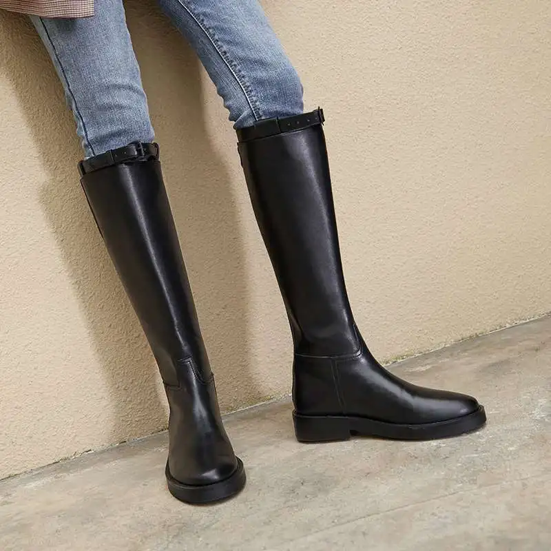 black 4cm Голливудские кинозвезды; натуральная кожа; круглый носок; британский стиль; красивые женские модельные ковбойские сапоги до колена; L82 - Цвет: black 4cm