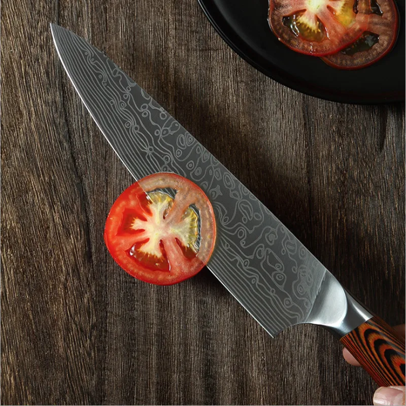 3pcs Kitchen Knives Stainless Steel Damascus laser pattern Knife Paka Wood Handle Fruit Vegetable Meat Cooking Tools Accessorie | Дом и сад