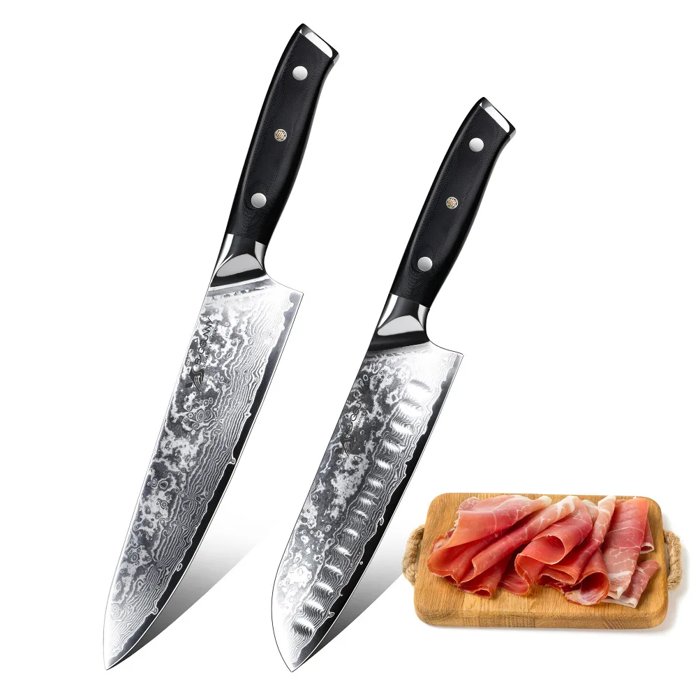 BIGSUNNY Kitchen Chef Knife Set - 8&quot &amp 7&quot Santoku with Ergonomics G10 Handle Damascus Steel 2 Piece Gift | Дом и сад