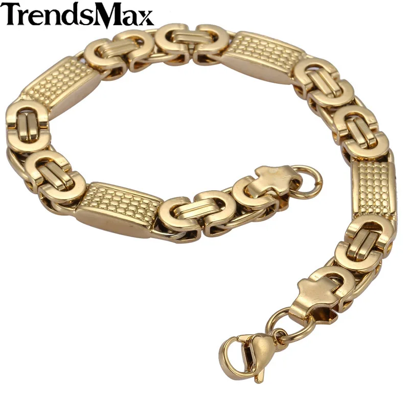 Trendsmax настроить любую длину 8 мм Золотой Цвет Плоский византийский звено из нержавеющей стали ожерелье мужской браслет-цепь KN275 KB403