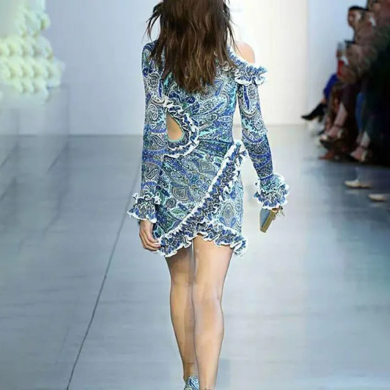 2019 New Sexy Fashion Women Hollow Out Waist Long Sleeve Ruffled Stitching Irregular Print O Neck Straight Omighty Midi Dress | Женская