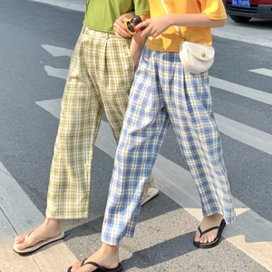 Винтажные шикарные свободные клетчатые широкие прямые брюки женские Buttom корейский Панк Харадзюку улззанг женские милые винтажные брюки Kawaii