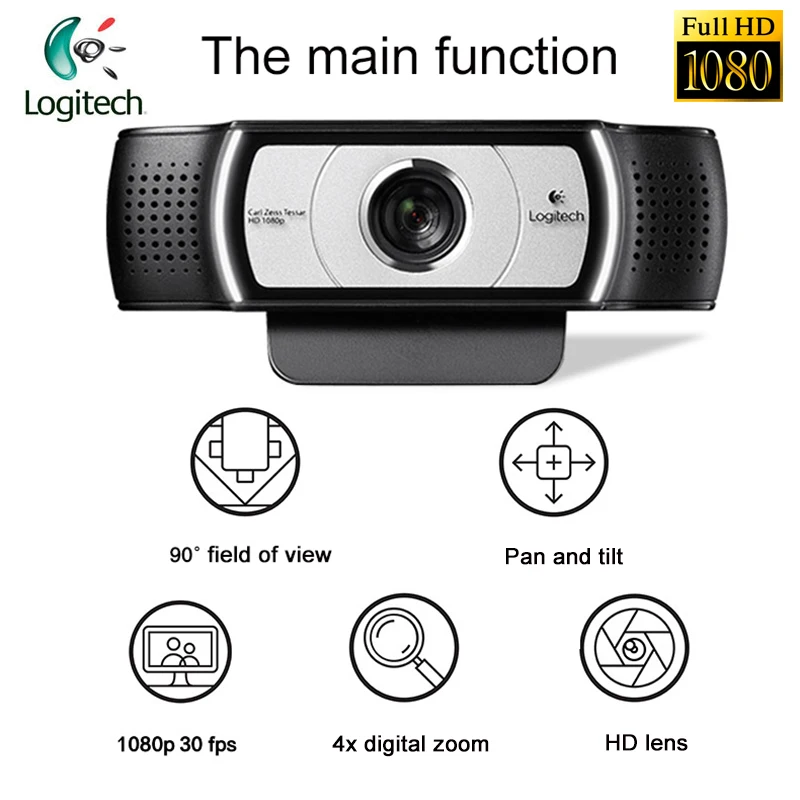 Веб-камера Logitech C930C с сертификацией Garle Zeiss Lens Certification, разрешением 1920*1080 HD и поддержкой цифрового зума 4Time для официальной проверки на ПК.