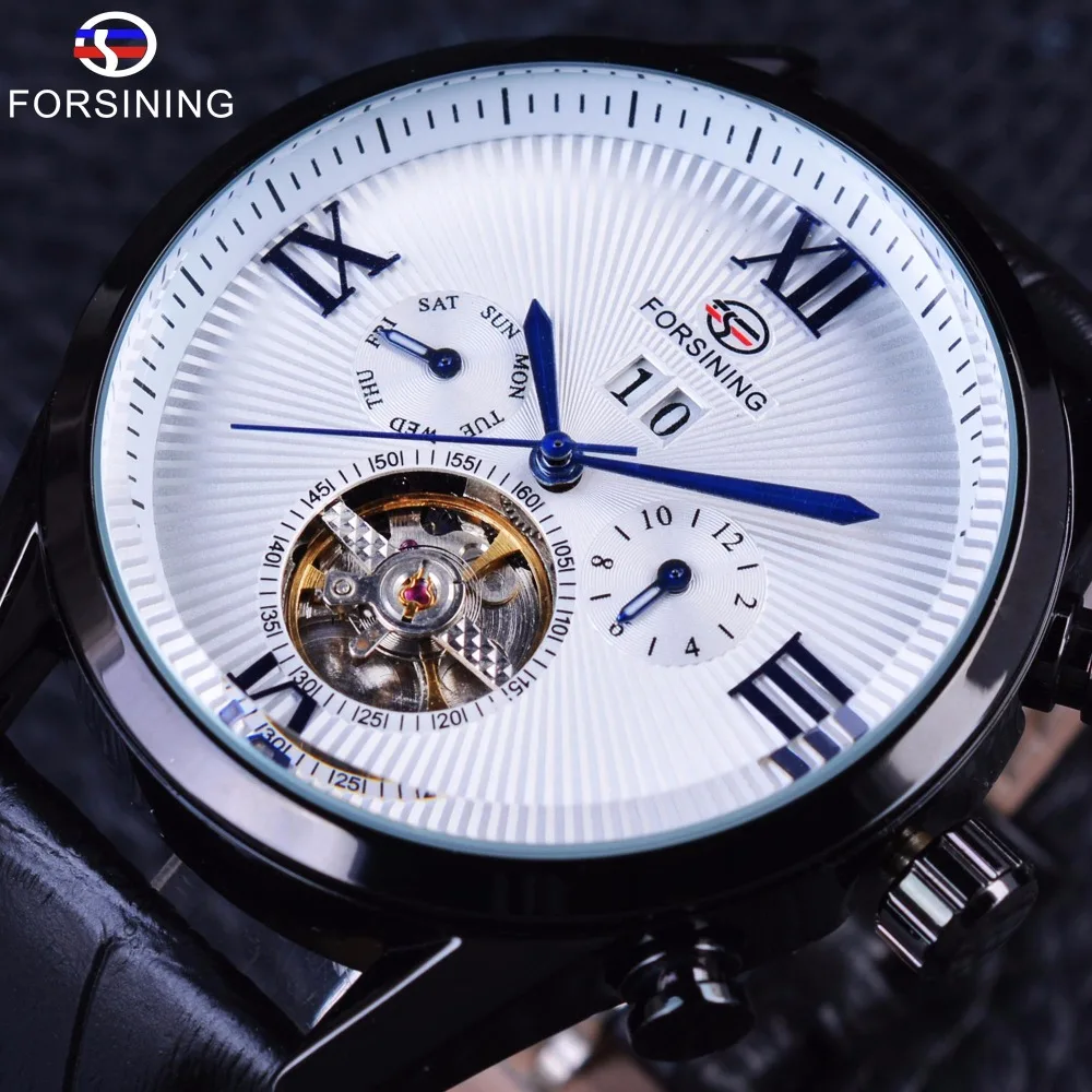 Forsining Классический Римские Цифры Белый Циферблат Tourbillion Календарь Натуральная