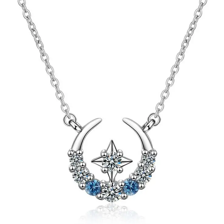 

2019 Trendy 925 Sterling Silver Clear CZ Cute Star Moon Pendant Chain Necklace For Women Simple Party Gift Jewelry Female Bijoux