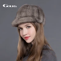 gours natural mink fur hats for women winter warm fashion luxurious brand ladies high quality visors caps black new arrival