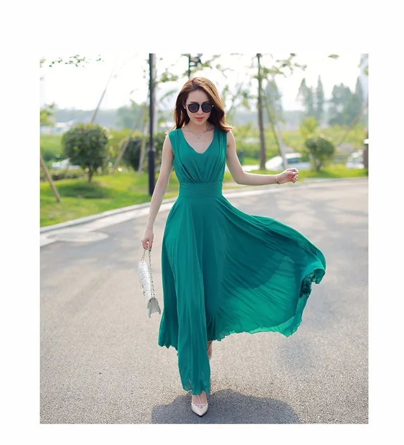 Летние макси платья модное без рукавов Белый Зеленый Желтый Boho богемное пляжное шифоновое длинное платье плюс размер 5XL Vestidos