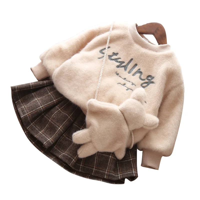 Новинка; vestido infantil; теплое флисовое платье с буквенным принтом для маленьких девочек; осенне-зимняя одежда; свитер и юбка; комплект из двух предметов