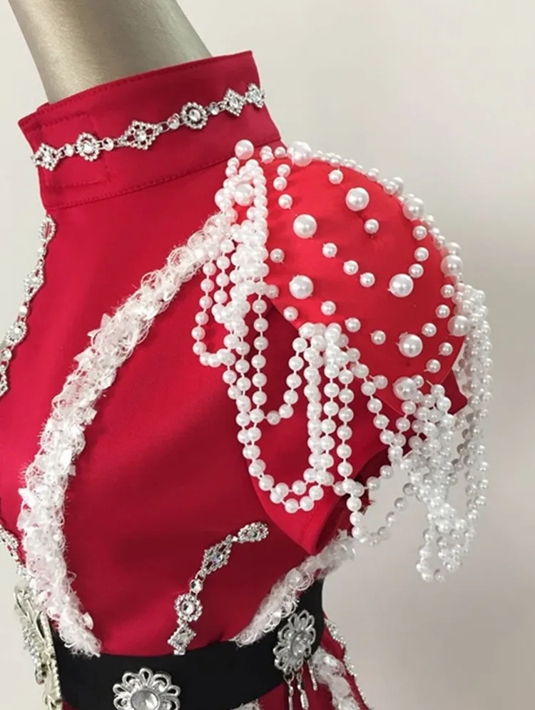 New Fashion Womens Patchwork Set Stage Singer DS DJ Costume for Adult Dancing Clothes with White Pearl Chain dance wear women |