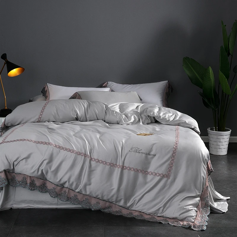 

Tencel Embroidered Diamond Ironing Gray,white Bedding Sets Bed Sheet Queen size 4pcs