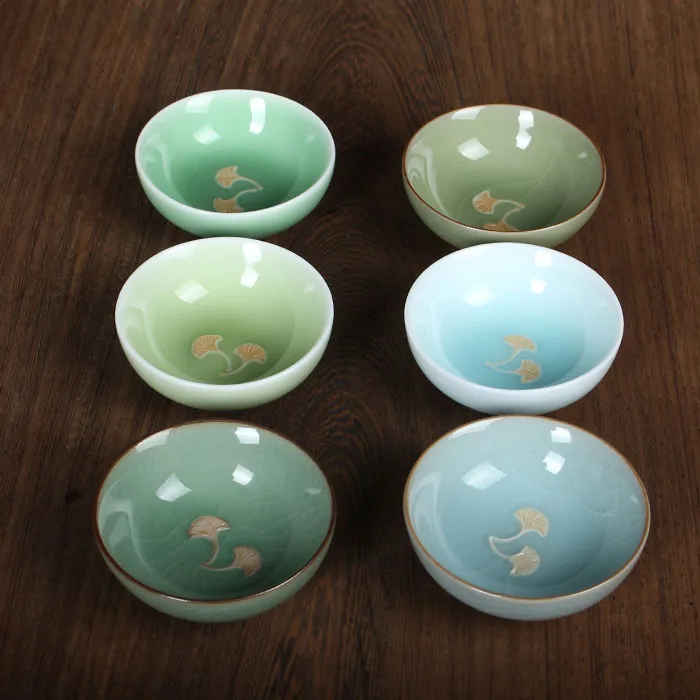 Низкая цена 6 шт Китайский Longquan Celadon лист фарфора КИТАЙСКИЕ чашки и чайное блюдце
