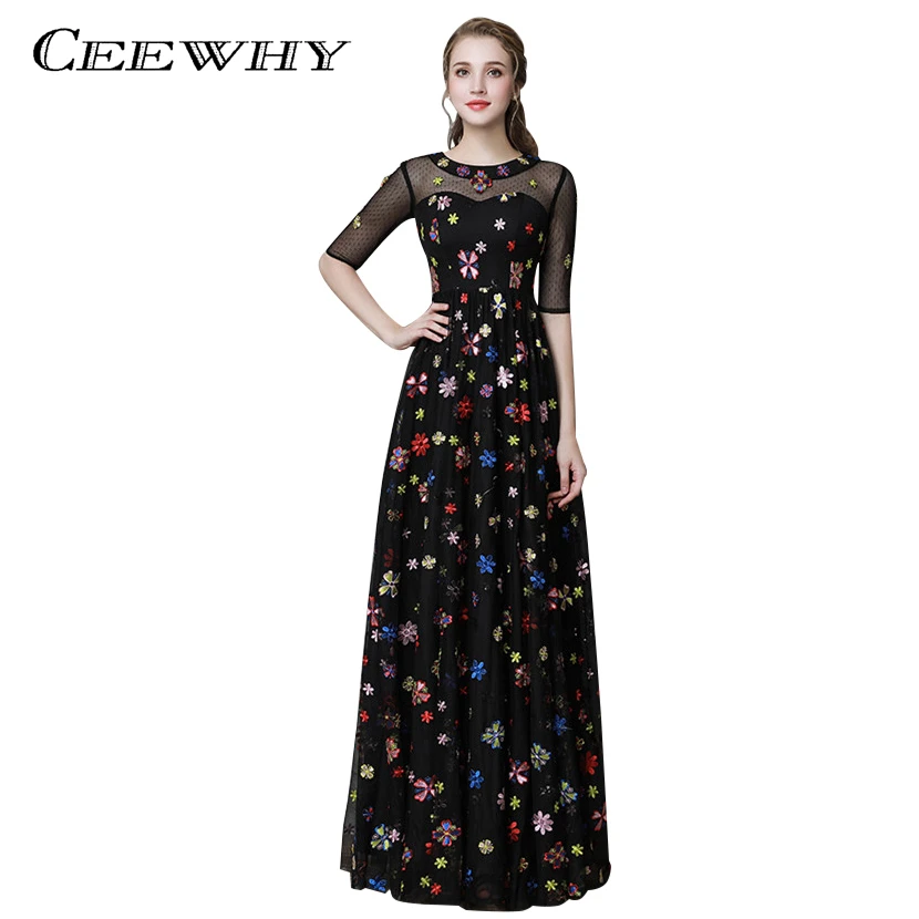 CEEWHY O-Neck Floral Embroidery Black Evening Dresses Long Prom Abiye Vestido de Noche Vintage Dress Half Sleeve | Свадьбы и