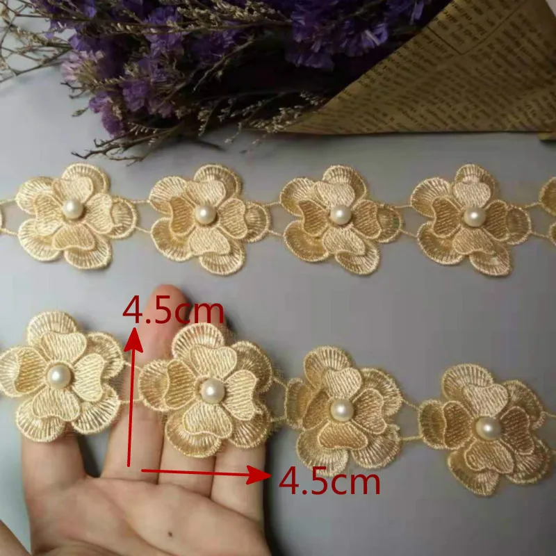 10 шт. золотые жемчужные цветы DIY растворимые Свадебные Кружева отделка Вязание вышитые ручной работы Лоскутная лента Швейное Ремесло 4,5 см
