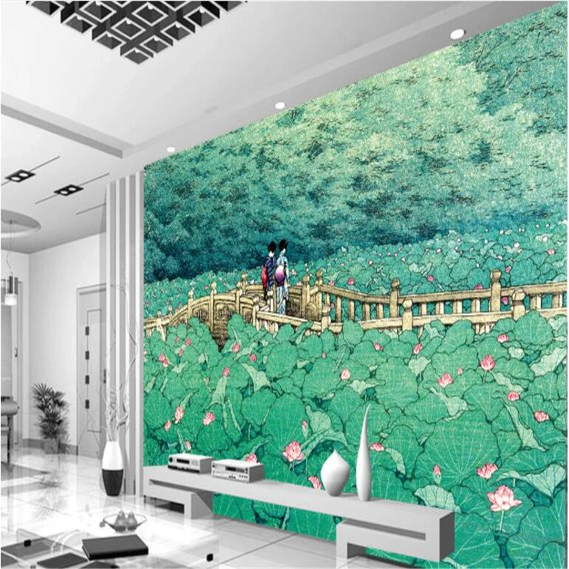 

beibehang Large Custom Wallpaper Mural Japanese Lotus Bridge Beautiful Living Room Bedroom Mural 3d flooring