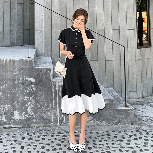 Черно белое элегантное платье в стиле ретро Женские Вязаные кружевные платья с