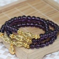 hot sale gold color pendant fashion purple electroplate crystal 6mm multilayer elastic bracelets for women round jewelry b2252