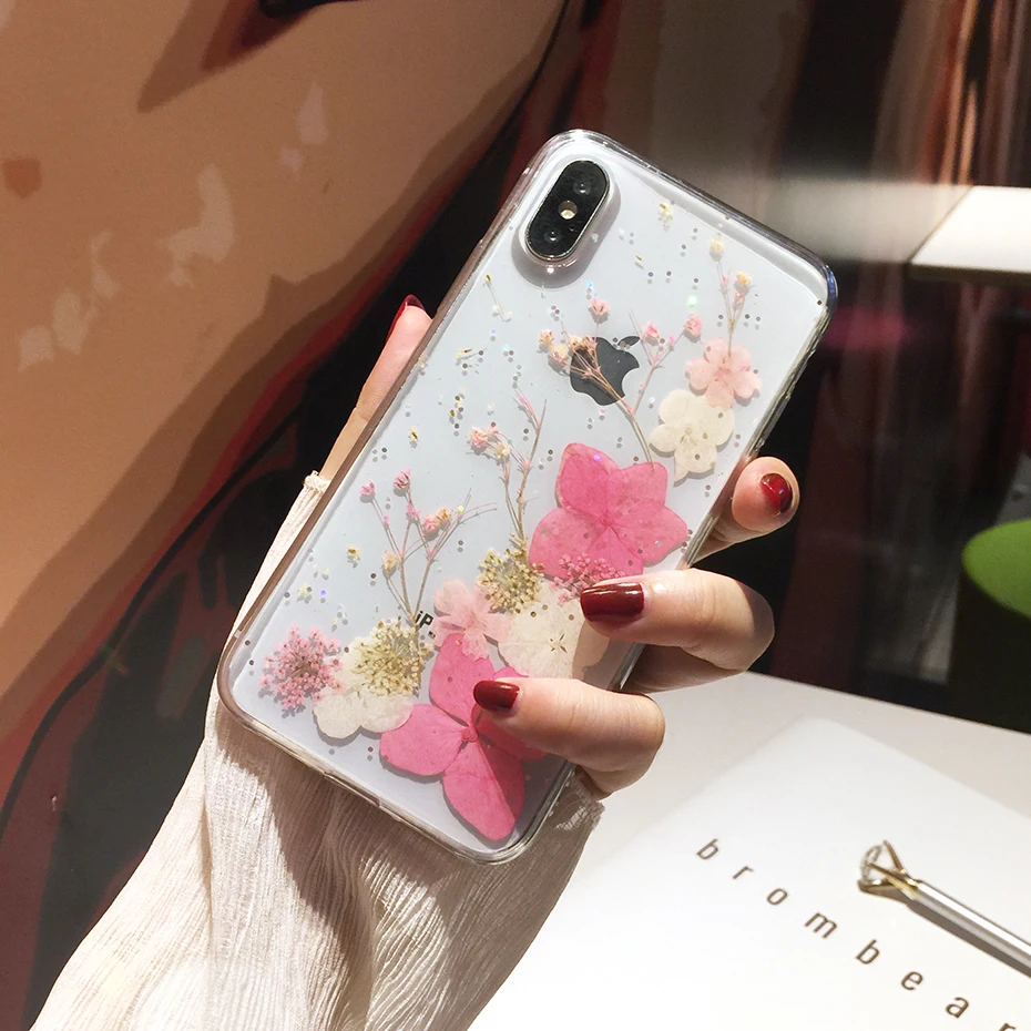 Qianliyao настоящие сухоцветы чехол s для iPhone X XR XS Max 6 6S 7 8 plus 11 Pro Max чехол для телефона Роскошный Блестящий Мягкий ТПУ чехол